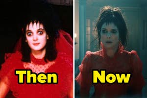Two images of Winona Ryder side-by-side. Left: Retro look with heavy makeup and red veil, labeled "Then." Right: Modern look with messy updo and red dress, labeled "Now."