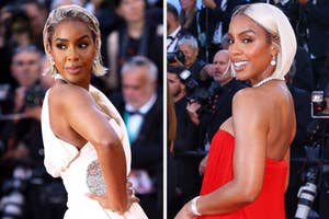 Two images of Kelly Rowland on the red carpet. Left: Wearing a white dress with jeweled detail. Right: Wearing a strapless red dress with sleek bob hairstyle