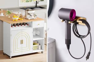Split image: Left shows a kitchen cart with wine storage and lemons; right shows a wall-mounted Dyson Supersonic hair dryer