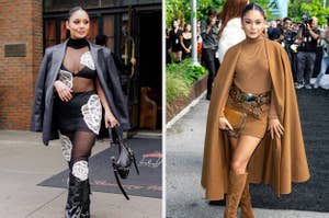 Vanessa Hudgens wearing a black sheer dress over a bra and biker shorts with a leather jacket with out in New York vs Vanessa Hudgens poses in a brown Michael Kors outfit