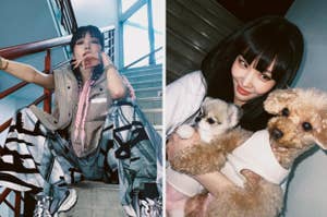 Two photos of Jisoo: one sitting stylishly on stairs with graffiti pants, another holding two small dogs affectionately