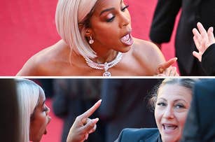 Kelly Rowland, in an elegant dress, and Ursula Meier engage in an animated conversation on a red carpet. Both appear expressive and intense