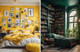 Split image of interior designs: left, a cozy yellow-themed bedroom with pictures and plants; right, a green-themed library room with bookshelves and plants