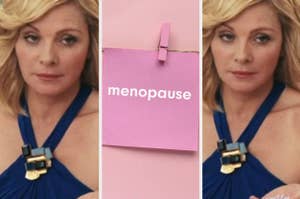 Kim Cattrall wearing an elegant dress. The text "menopause" is written on a pink note card clipped to a string. This image is used in a Goodful article