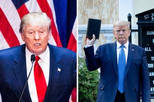 Donald Trump speaking at an event on the left, and standing outside St. John's Church holding a Bible on the right