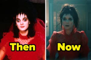 Two images of Winona Ryder side-by-side. Left: Retro look with heavy makeup and red veil, labeled "Then." Right: Modern look with messy updo and red dress, labeled "Now."