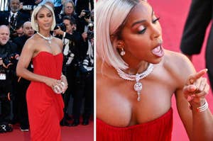 Ciara in a strapless red gown with a silver necklace on the red carpet, interacting with a crowd