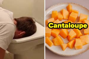 Person with head in toilet next to a plate of cantaloupe cubes