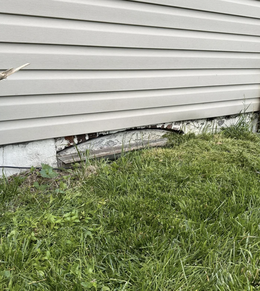 There is a hole in the foundation of a house near the ground, partially covered by grass