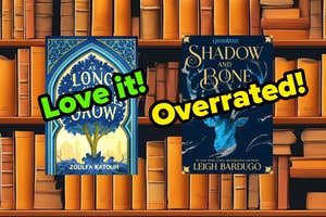 Books on a shelf, with "As Long As the Lemon Trees Grow" by Zoulfa Katouh captioned "Love it!" and "Shadow and Bone" by Leigh Bardugo captioned "Overrated!"