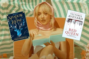 Sabrina Carpenter sits outdoors reading a book, with "Shadow and Bone" by Leigh Bardugo and "Red Queen" by Victoria Aveyard floating nearby