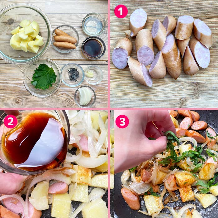 4段の写真:1. 茹でたソーセージとじゃがいもを切る。2. フライパンで玉ねぎとじゃがいもにソースをかける。