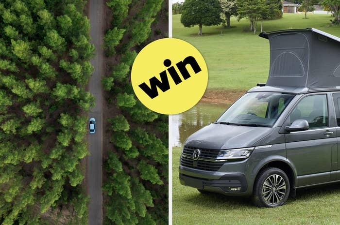 A split image with one side showing a car driving through a forest and the other side showing a campervan parked by a pond, with a yellow &quot;win&quot; circle in the center