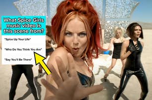 Spice Girls in "Say You'll Be There" music video with a trivia question overlay