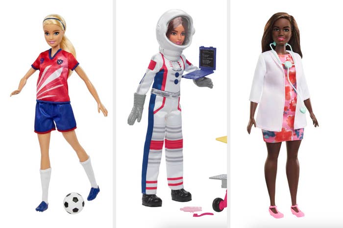 From left to right: Barbie dolls dressed as a soccer player, astronaut, and doctor holding a stethoscope