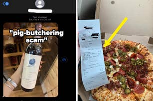 Image collage: Left side shows a screenshot of a text message with a wine bottle, right side depicts a pizza with a highlighted receipt. Text labels mention "pig-butchering scam."