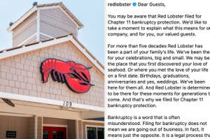 Red Lobster restaurant with a large lobster sign, and the text mentions Red Lobster filing for Chapter 11 bankruptcy and its ongoing commitment to customers