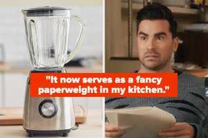 A person looks surprised while holding papers, next to an image of a blender with text overlay: "It now serves as a fancy paperweight in my kitchen."
