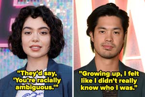 Auli'i Cravalho and Ross Butler with quotes about their experiences with racial identity: "They'd say, 'You're racially ambiguous.'" and "Growing up, I felt like I didn't really know who I was."