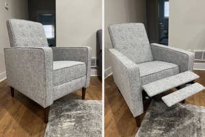 Two images of a modern, gray fabric recliner chair with wooden legs; one image shows the chair's upright position, and the other shows it extended