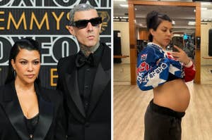 Left: Kourtney Kardashian and Travis Barker on the red carpet in formal attire. Right: Kourtney Kardashian showing her baby bump in casual clothing at home