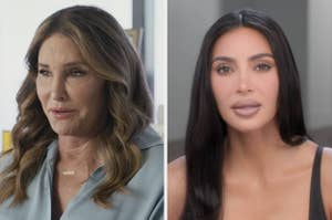 Caitlyn Jenner in a light blouse and Kim Kardashian in a sleeveless top, both looking towards the camera in separate side-by-side portraits