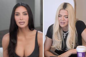 Kim Kardashian and Khloé Kardashian talking, both wearing casual tops. Khloé has a drink cup in front of her