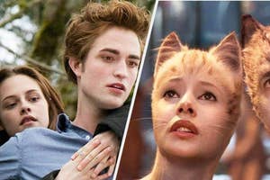 On the left, Edward (Robert Pattinson) holds Bella (Kristen Stewart) from Twilight. On the right, a scene from Cats featuring Francesca Hayward as Victoria