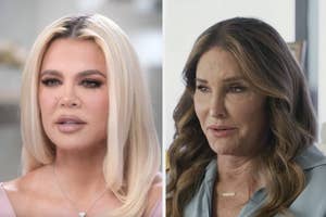 Khloé Kardashian and Caitlyn Jenner are shown in a split-screen image, both in natural settings, focused on a conversation or interview