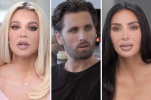 Khloé Kardashian, Scott Disick, and Kim Kardashian in a candid conversation setting