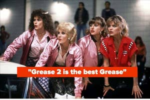 Lorna Luft, Michelle Pfeiffer, Maureen Teefy, and Alison Price in a scene from Grease 2 with overlayed text: "Grease 2 is the best Grease"