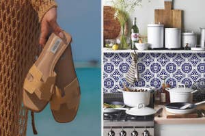A person holds a pair of Steve Madden sandals that look like Hermes by the beach. A staged kitchen with a printed wallpaper backsplash