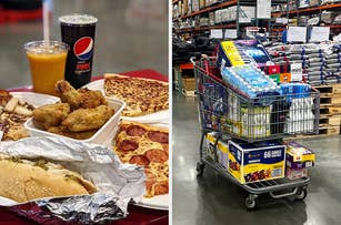 Grocery items in a shopping cart at a wholesale store on the right. Ready-to-eat foods, including pizza, fried chicken, and sandwiches, with drinks on the left