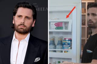 Scott Disick in a formal suit on the left, and Scott Disick looking at items in a refrigerator on the right