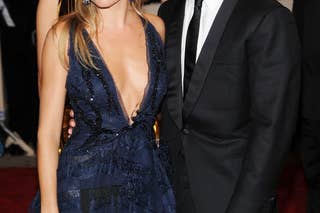 Sienna Miller is pictured solo on the left, and with Jude Law on the right. They are smiling and embracing in the right image