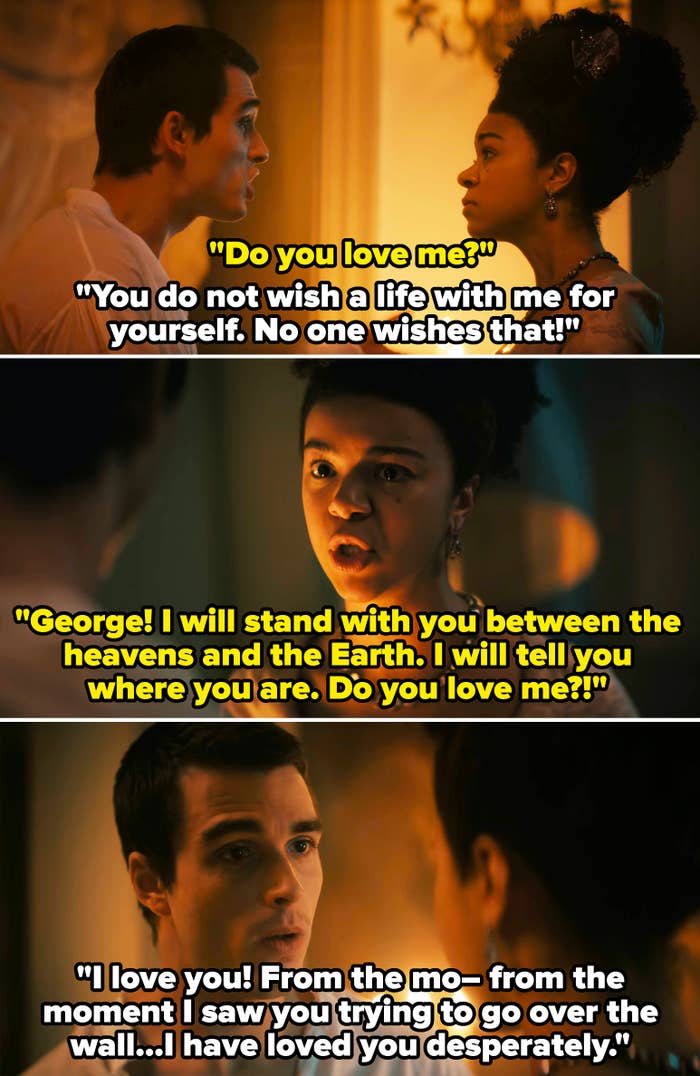 Corey Mylcreest and India Amarteifio  in a scene from &quot;Queen Charlotte&quot; where Charlotte tells George she will stand with him between the heavens and the earth