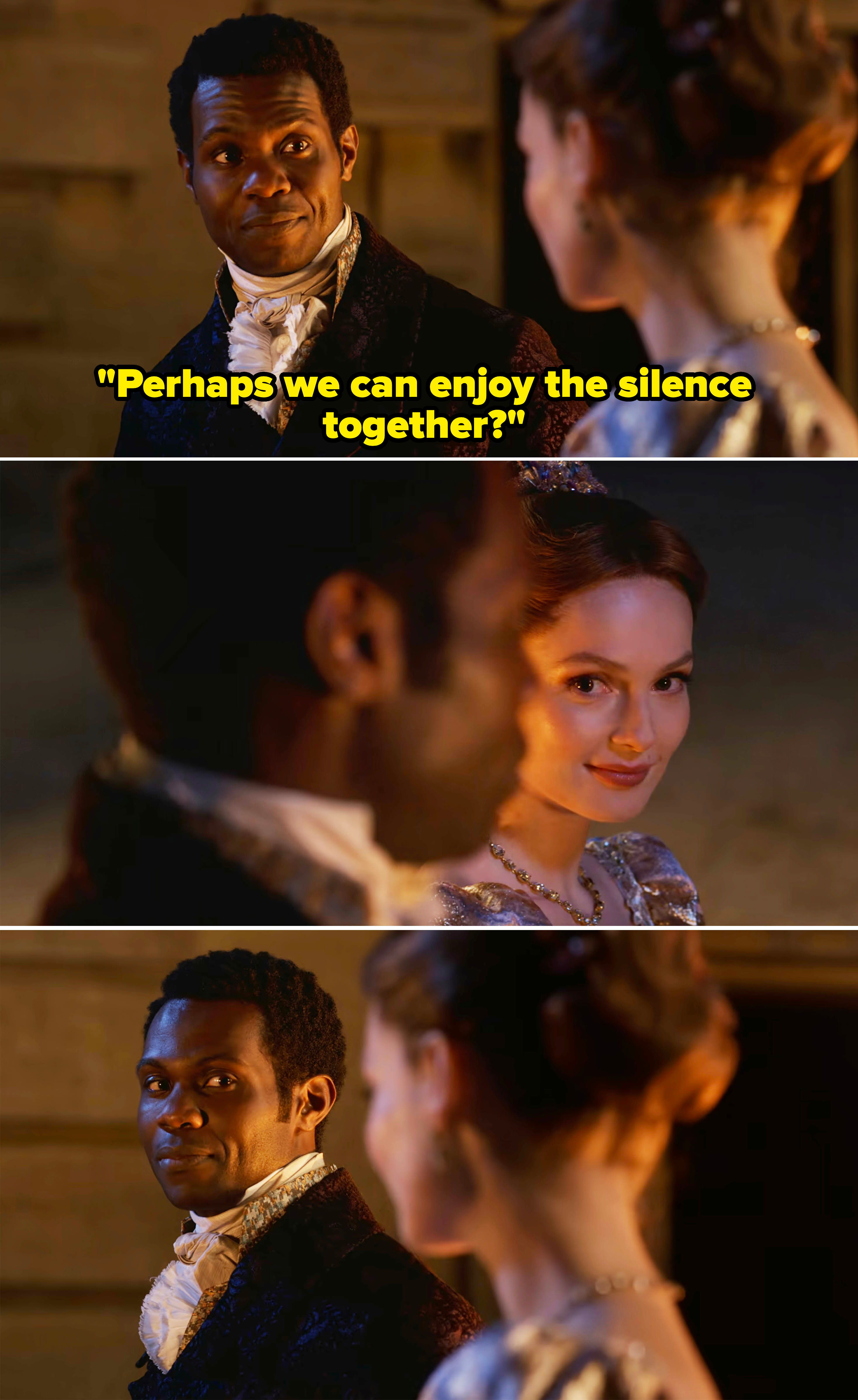 Victor Alli and Hannah Dodd in a scene from Bridgerton, where Francesca and John stand together in silence
