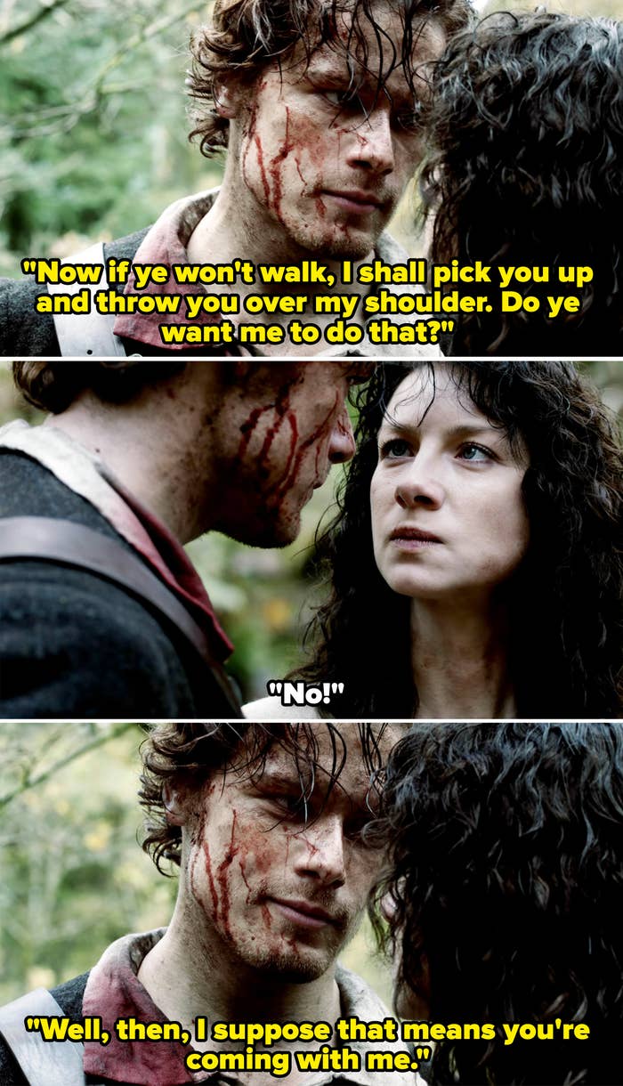 Sam Heughan and Caitriona Balfe in an intense scene from Outlander, with Heughan's face bloodied in close-up, gazing at Balfe who looks distressed