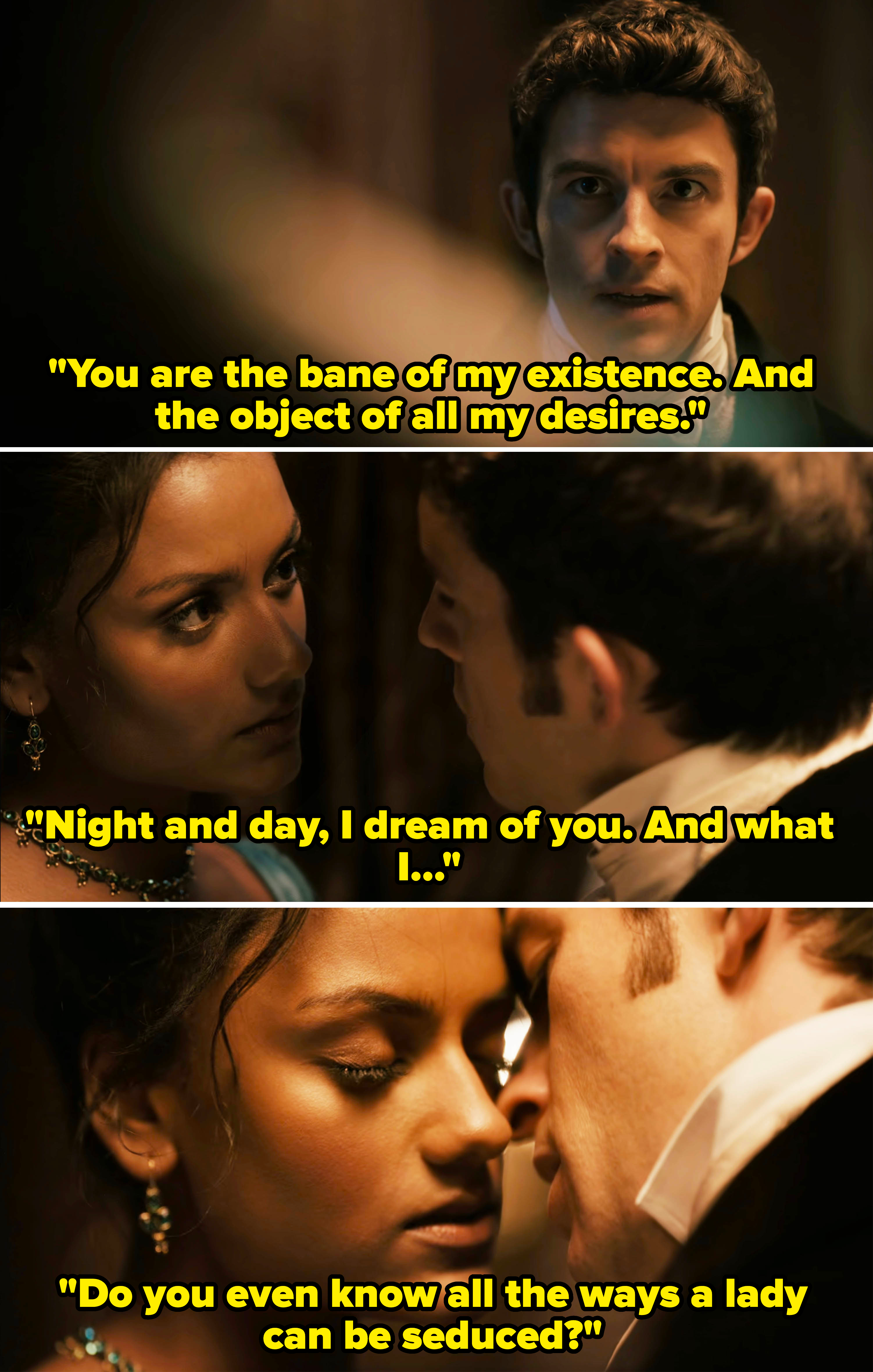 Jonathan Bailey and Simone Ashley in three intense, close-up scenes from 'Bridgerton,' with an emotional and romantic atmosphere