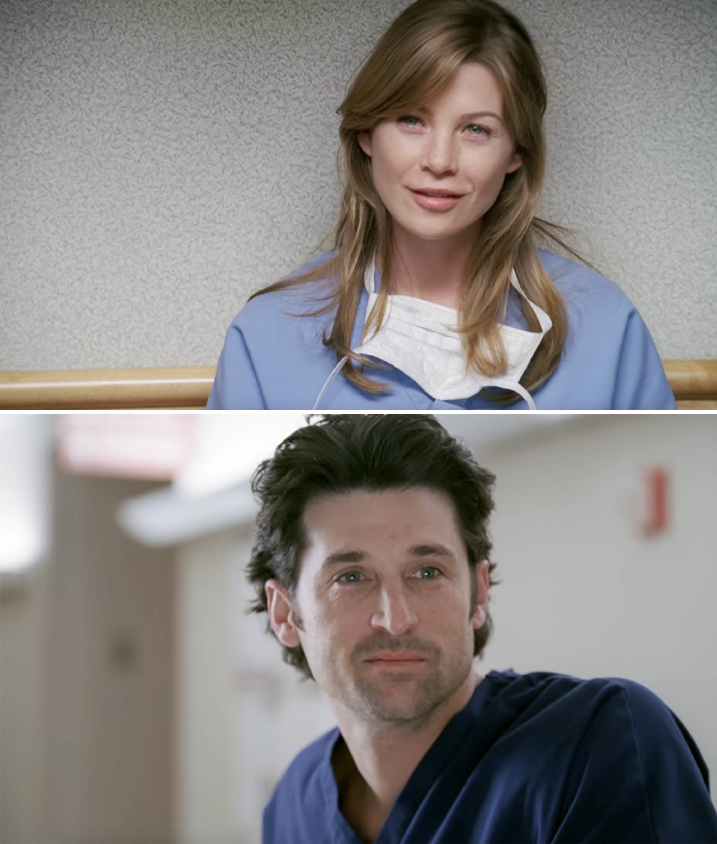 Ellen Pompeo and Patrick Dempsey in medical scrubs, likely portraying their roles in a TV drama set in a hospital environment