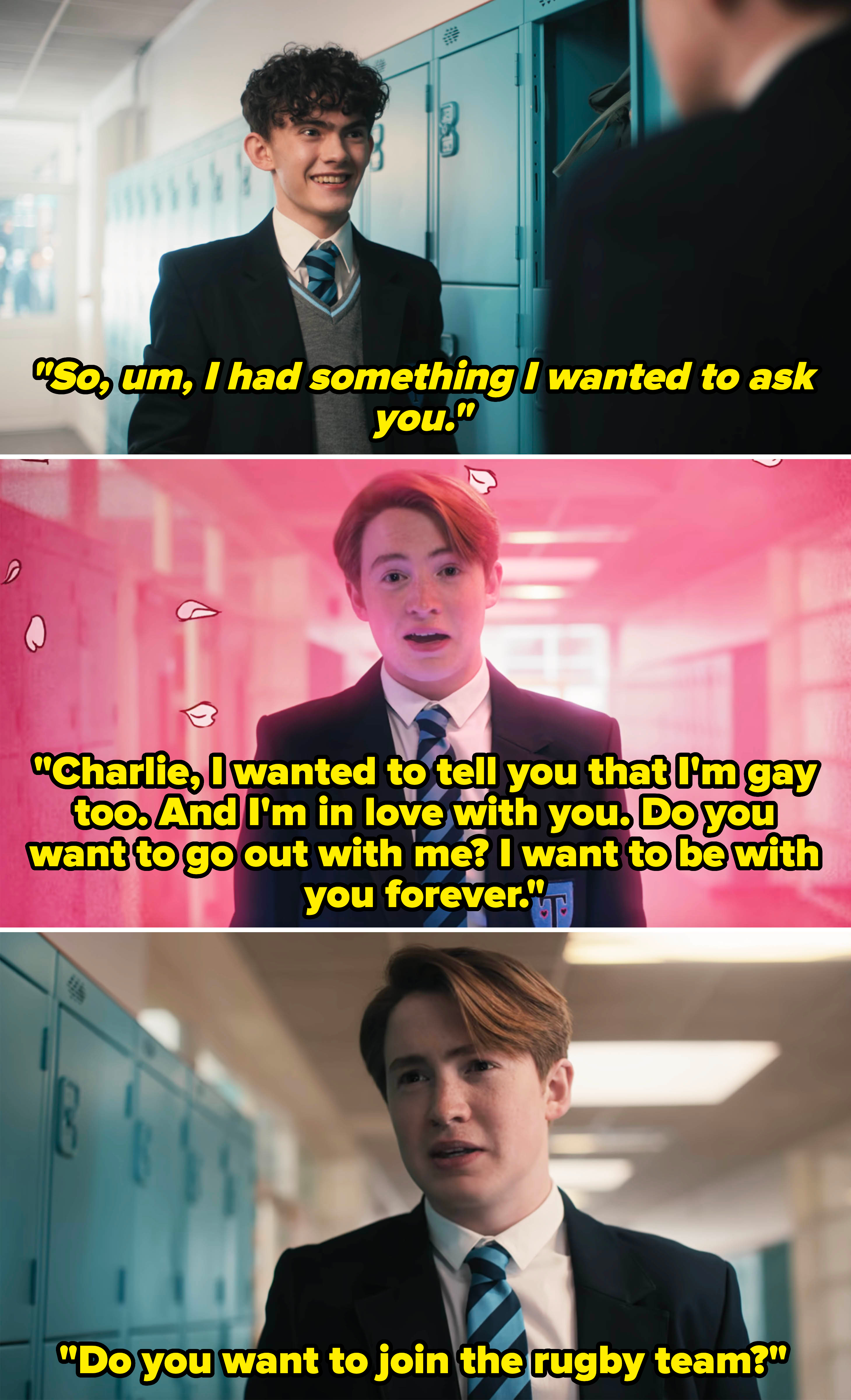 Kit Connor and Joe Locke in a school hallway scene from "Heartstopper," wearing school uniforms with ties