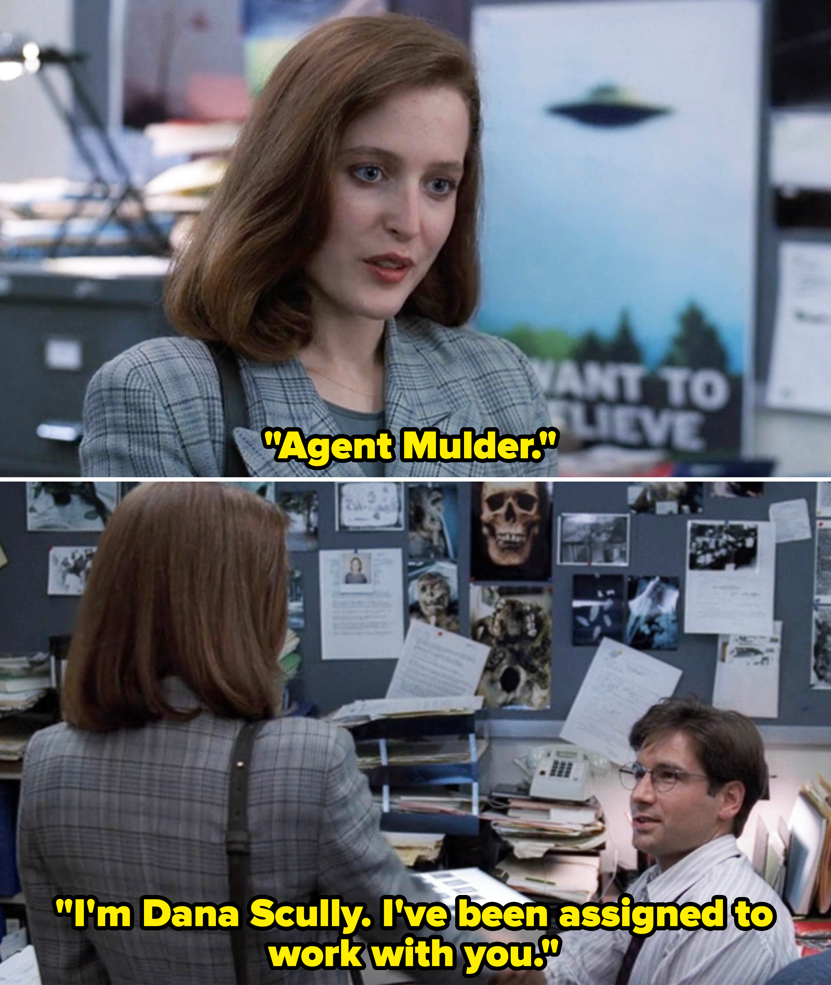 Gillian Anderson and David Duchovny in The X-Files. Anderson, in a plaid blazer, speaks to Duchovny in an office filled with files and UFO posters