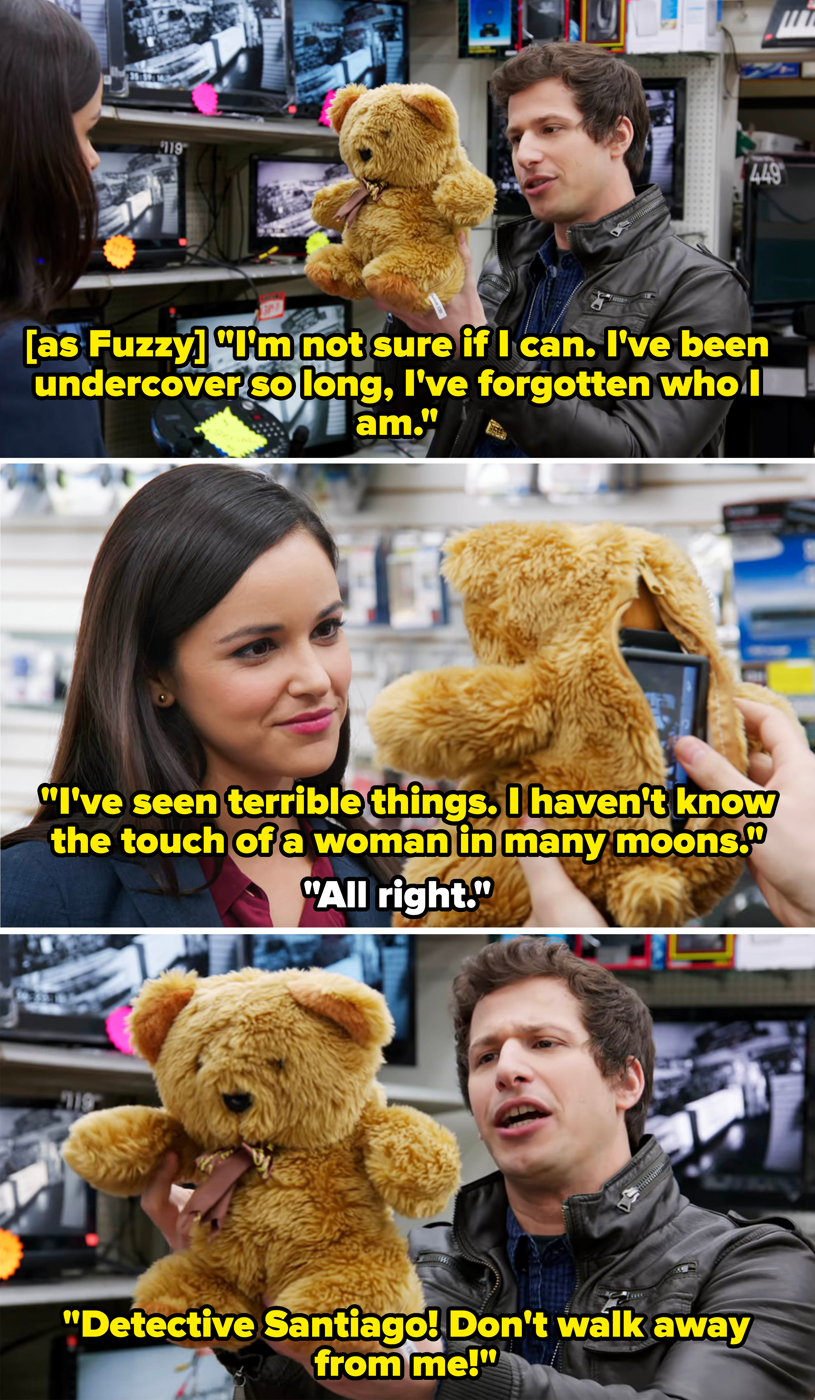 Andy Samberg and Melissa Fumero, in a store scene in Brooklyn Nine-Nine, hold a teddy bear with a camera hidden inside