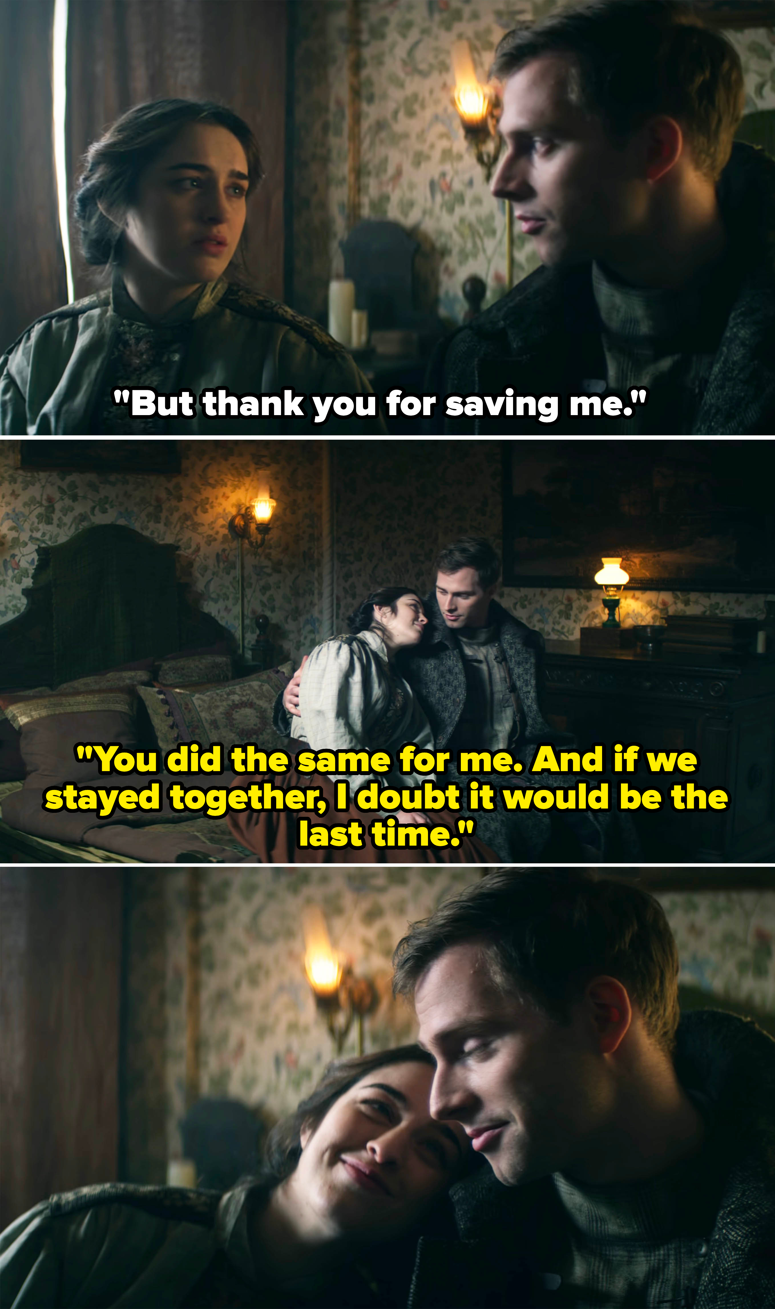 Danielle Galligan and Calahan Skogman in a scene from Shadow and Bone where Nina thanks Matthias for saving her life