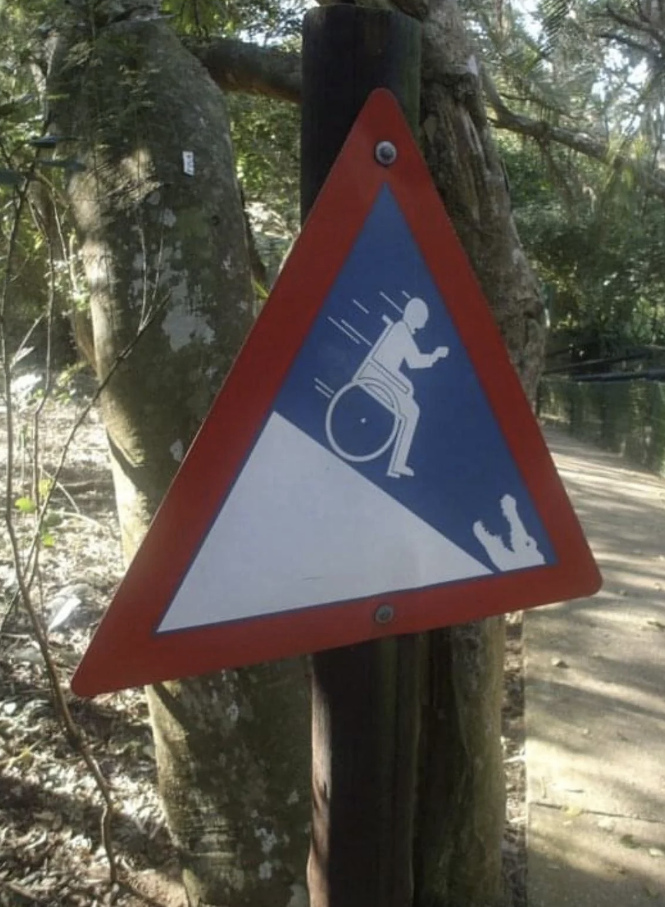 Warning sign showing a person in a wheelchair descending a steep slope with an alligator at the bottom