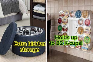 A ottoman with shoe storage inside/A K-cup organizer mounted on a wall around an outlet