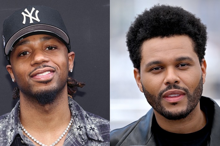 Metro Boomin and The Weeknd in a side-by-side photo. Metro Boomin wears a cap, necklace, and patterned shirt. The Weeknd wears a jacket and has a beard
