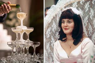 Champagne tower being poured; Drew Barrymore in a wedding scene wearing a white dress with a hair bow and a cross necklace