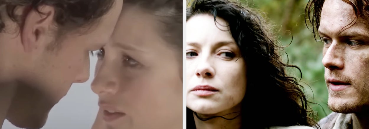 Left: Sam Heughan and Caitriona Balfe close and emotional. Right: Caitriona Balfe and Sam Heughan in period costumes in an outdoor setting