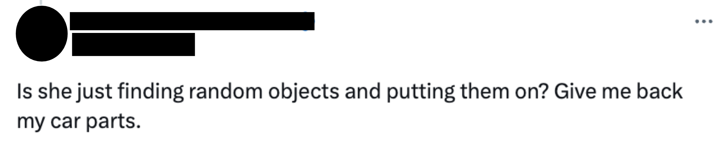Juan De Sand Tits tweets, &quot;Is she just finding random objects and putting them on? Give me back my car parts.&quot;